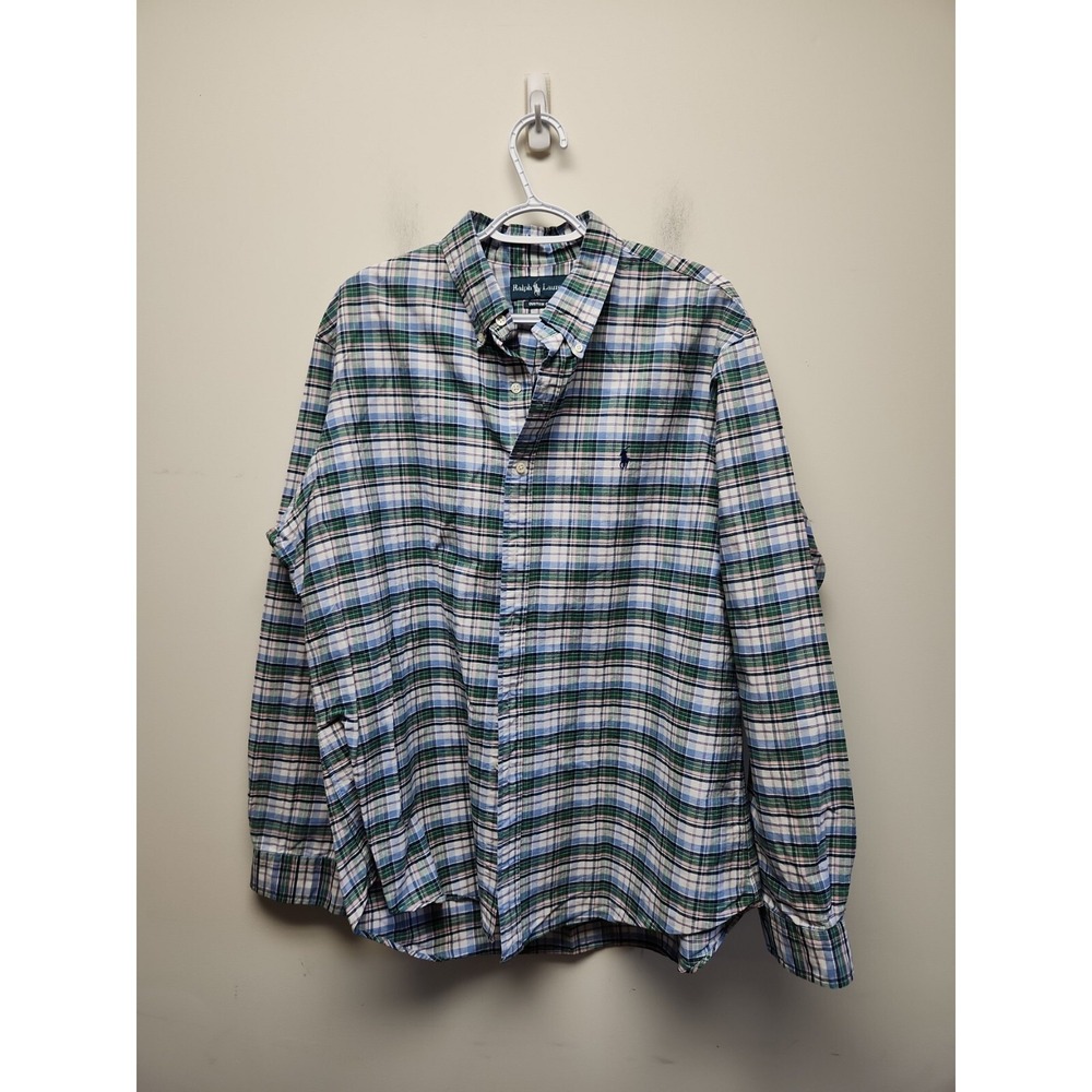 RALPH LAUREN Mens Custom Fit Long Sleeve Plaid Shirt Blue Pink Size XXL TTG